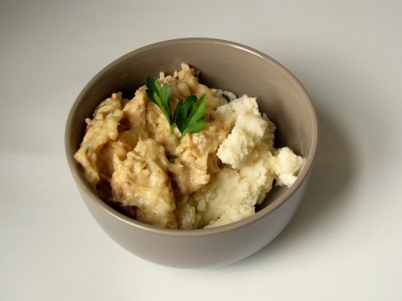 Family dumplings recipe, a few days thicker, on top of mashed potatoes